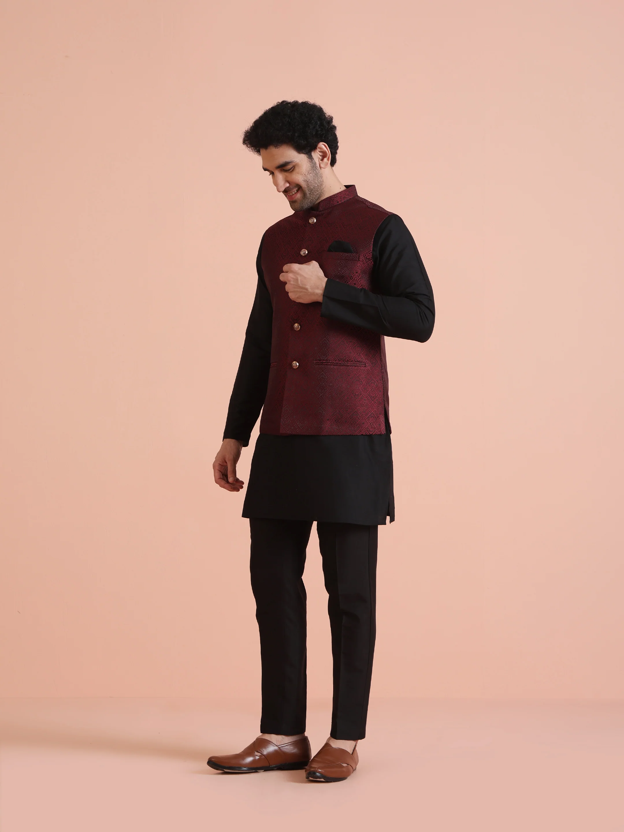 Wine Jacquard Silk Blend Kurta Jacket Set - Image 2