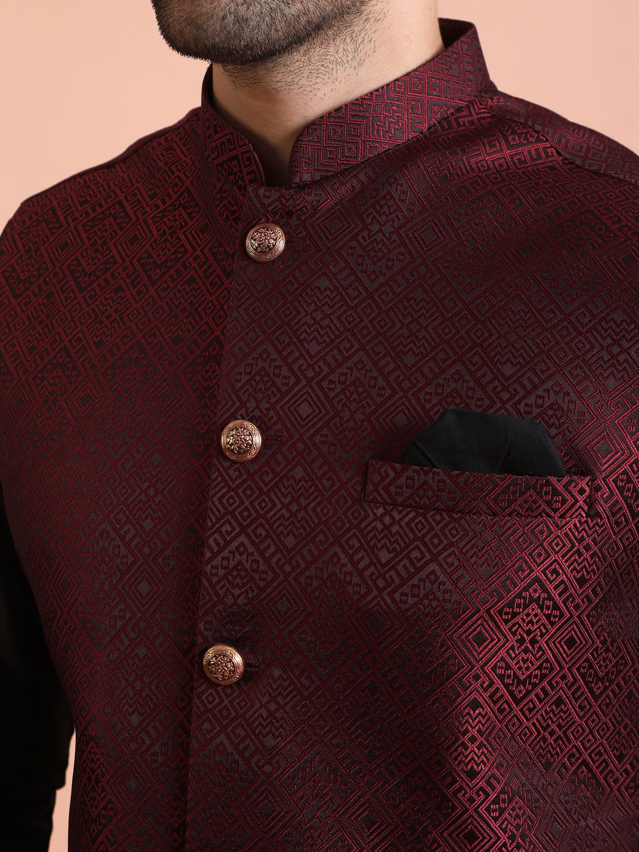 Wine Jacquard Silk Blend Kurta Jacket Set - Image 5
