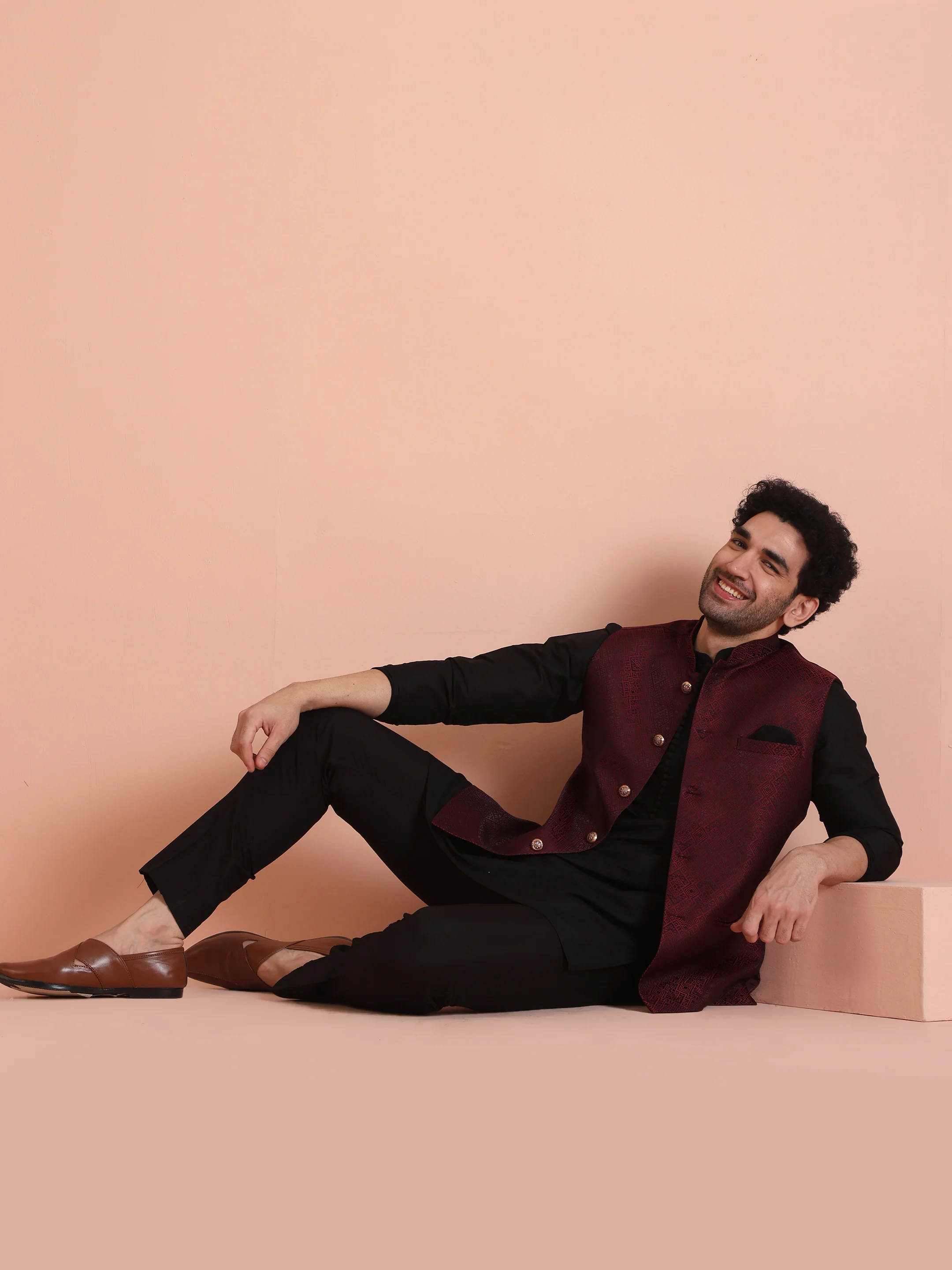 Wine Jacquard Silk Blend Kurta Jacket Set - Image 7