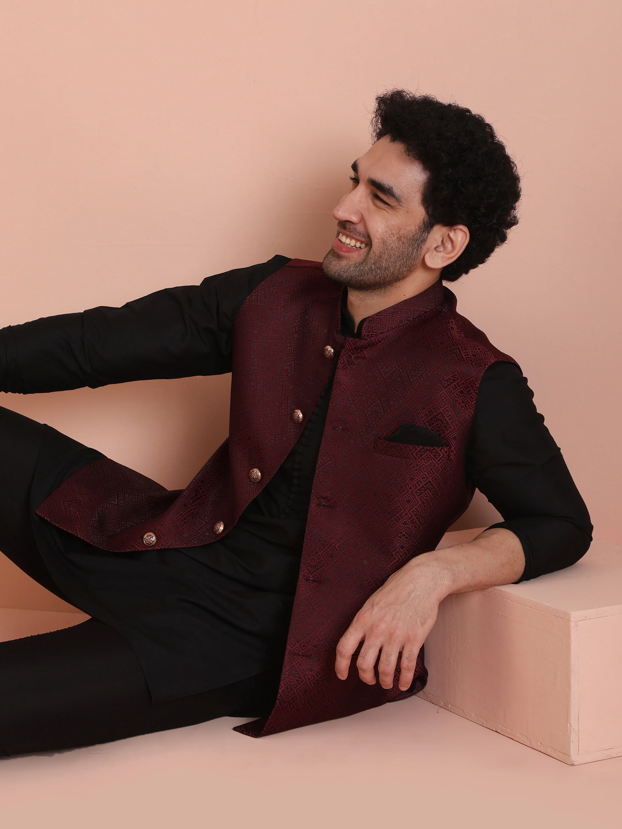 Wine Jacquard Silk Blend Kurta Jacket Set - Image 8