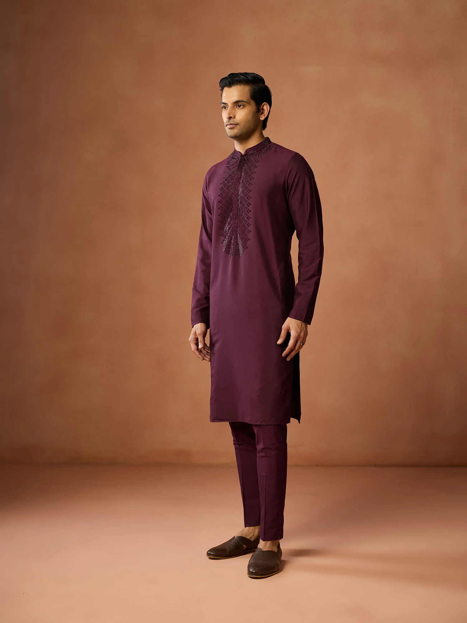 Wine Maroon Embroidered Silk Kurta - Image 2