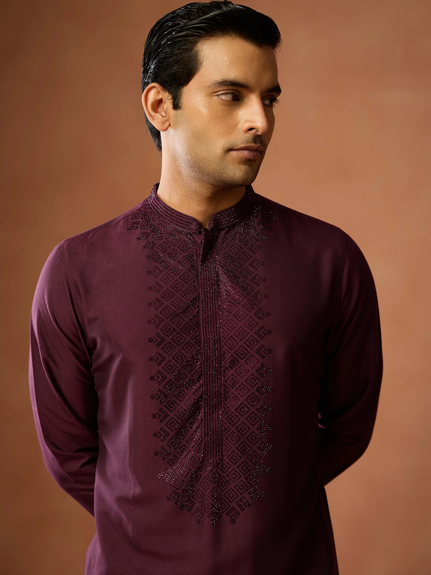 Wine Maroon Embroidered Silk Kurta - Image 5