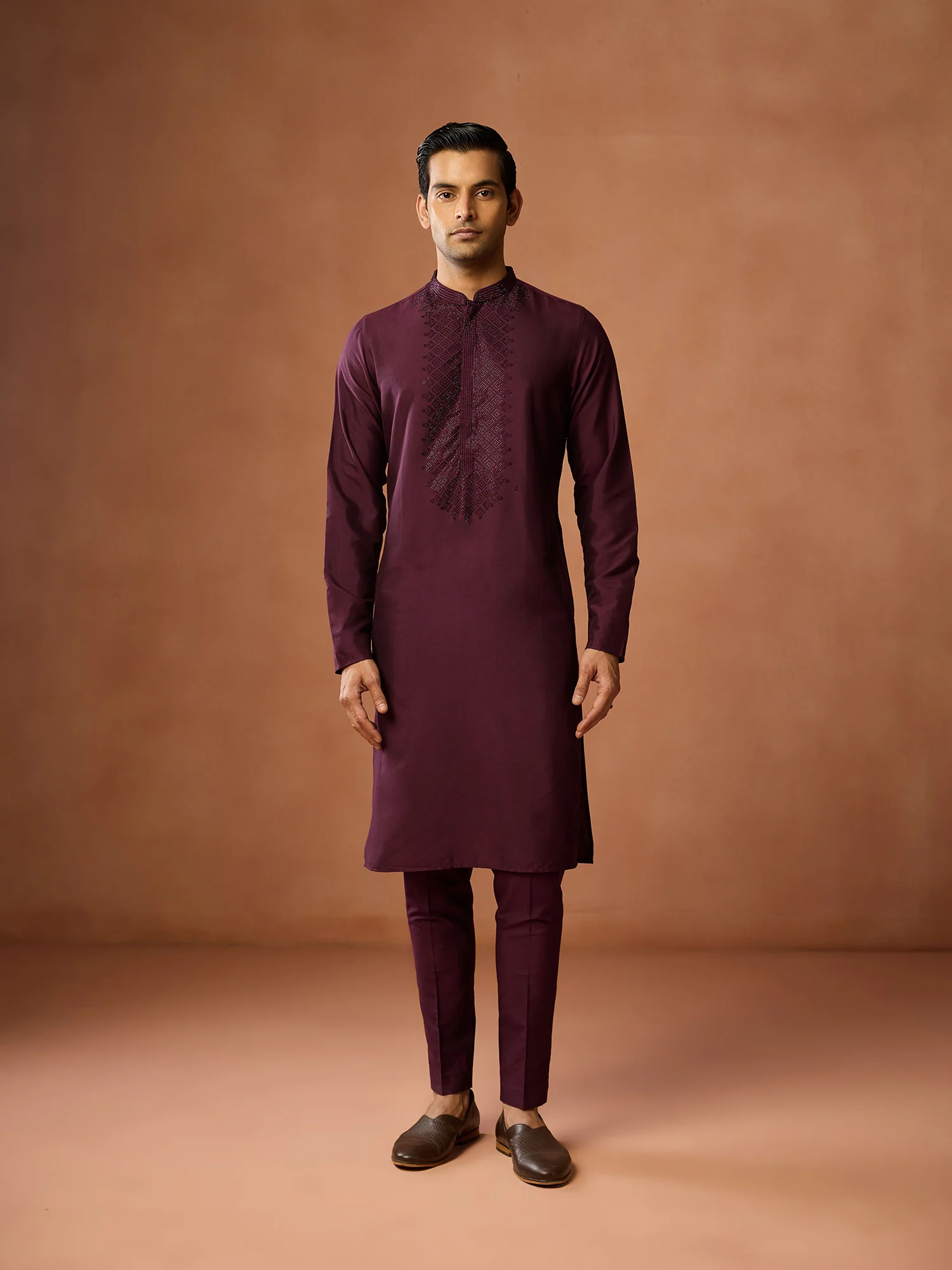 Wine Maroon Embroidered Silk Kurta - Image 7