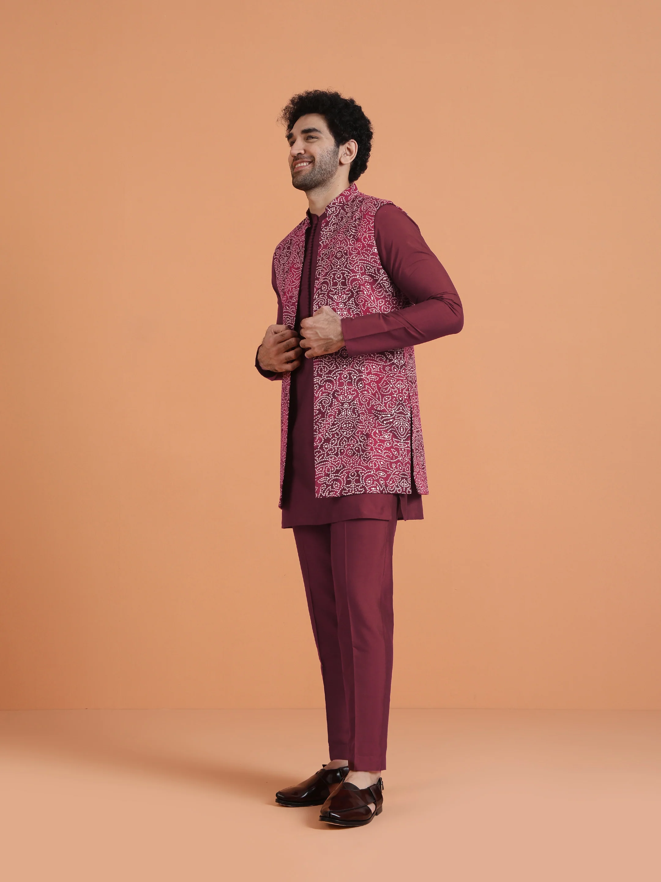 Maroon Silk Blend Printed Long Jacket Kurta Set - Image 2