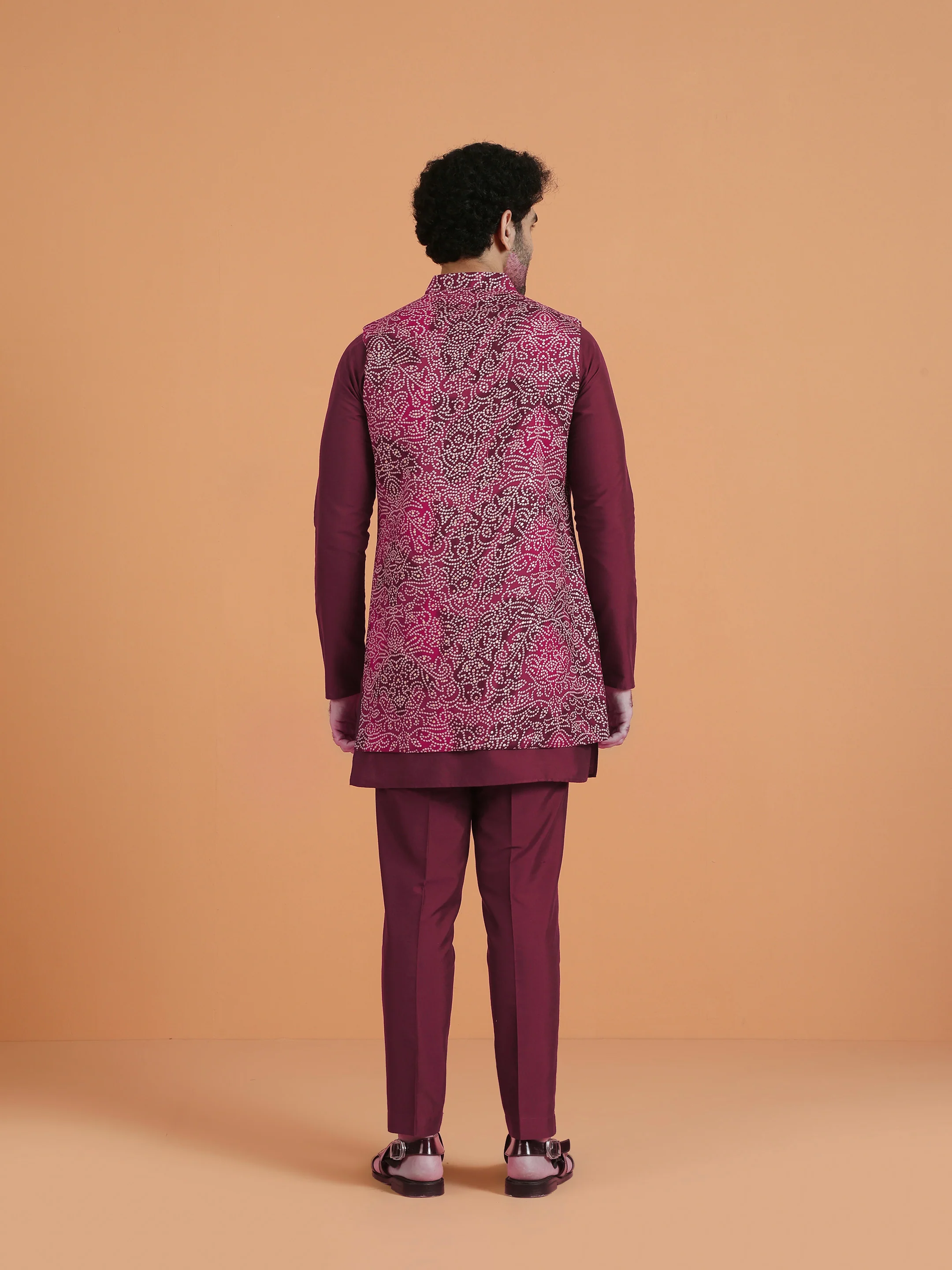 Maroon Silk Blend Printed Long Jacket Kurta Set - Image 4