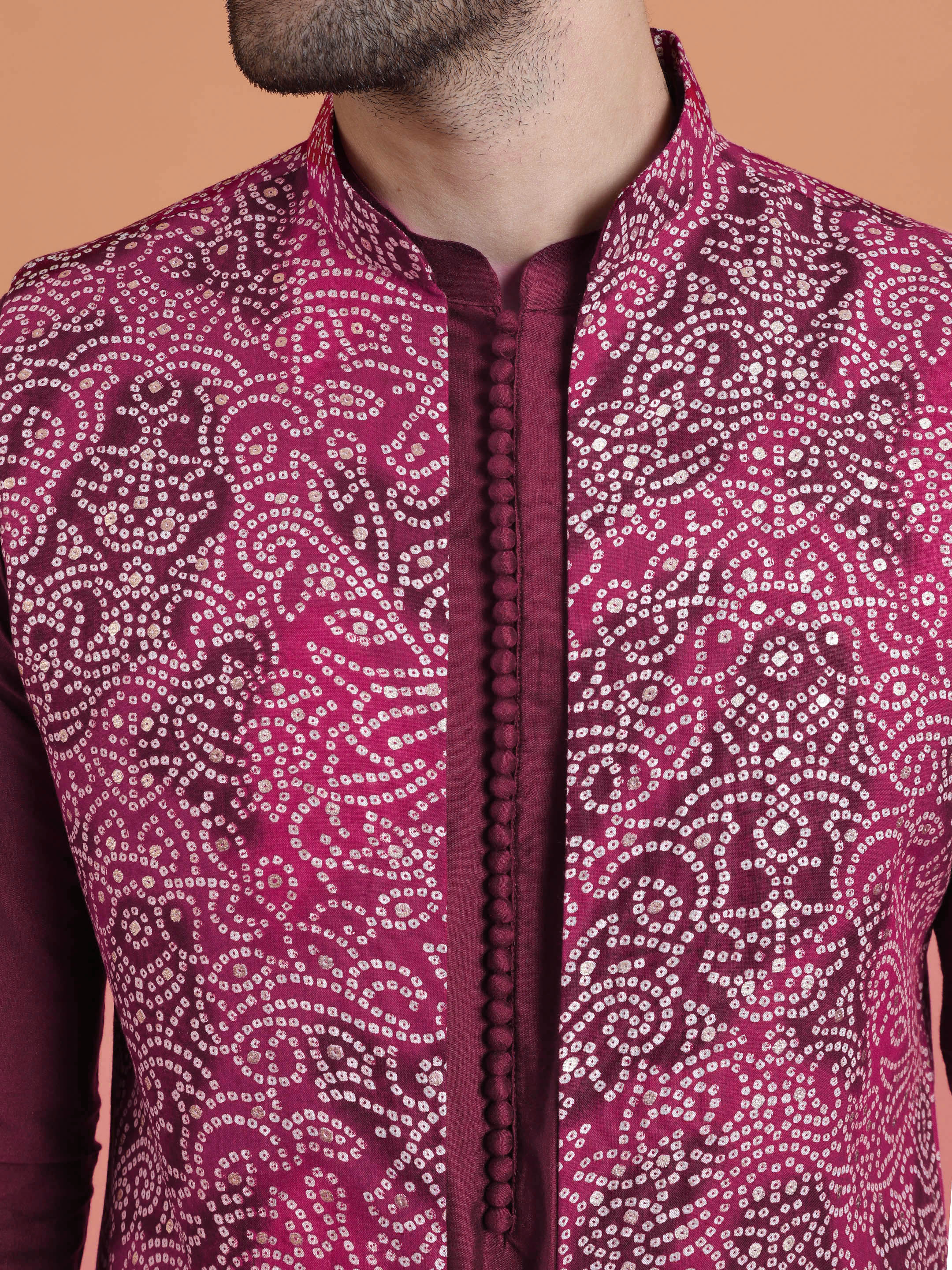 Maroon Silk Blend Printed Long Jacket Kurta Set - Image 5