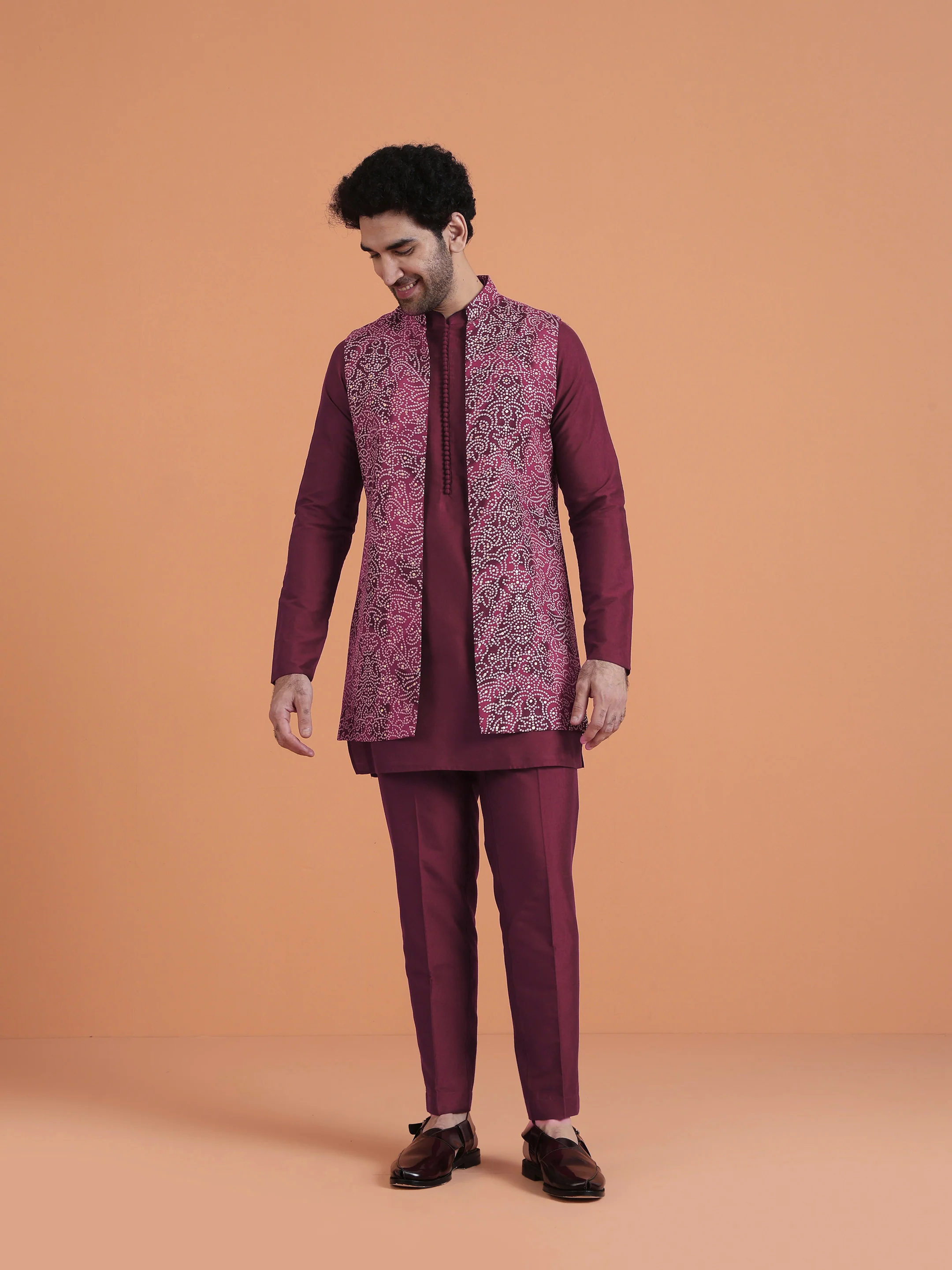 Maroon Silk Blend Printed Long Jacket Kurta Set - Image 7