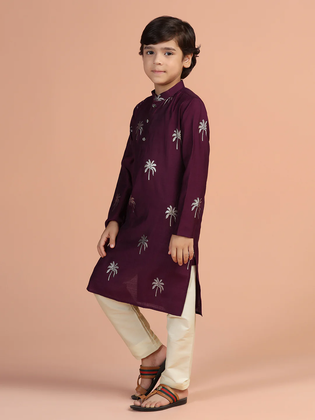 Wine Palm Print Kurta - Image 2