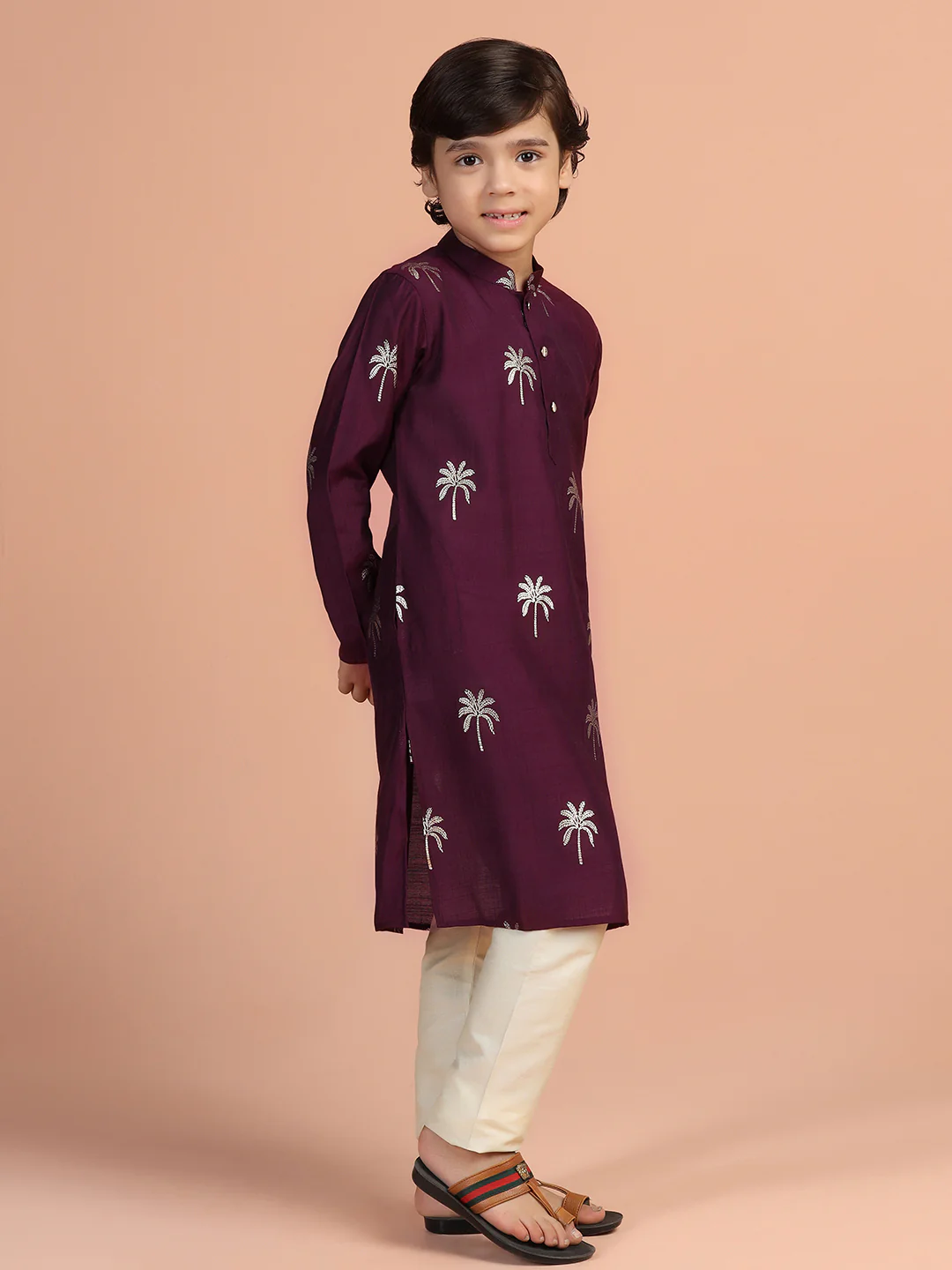 Wine Palm Print Kurta - Image 3