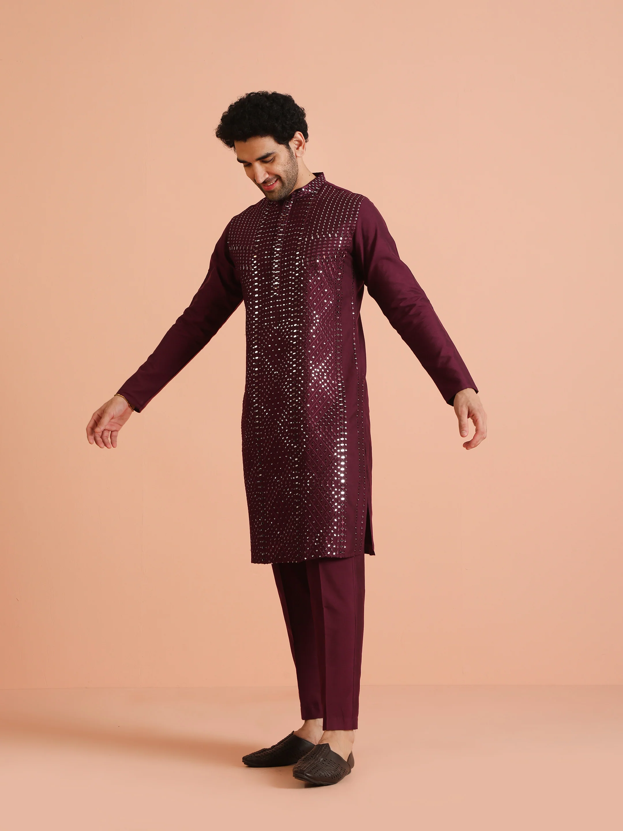 Wine Poly Silk Embellished Kurta - Image 3