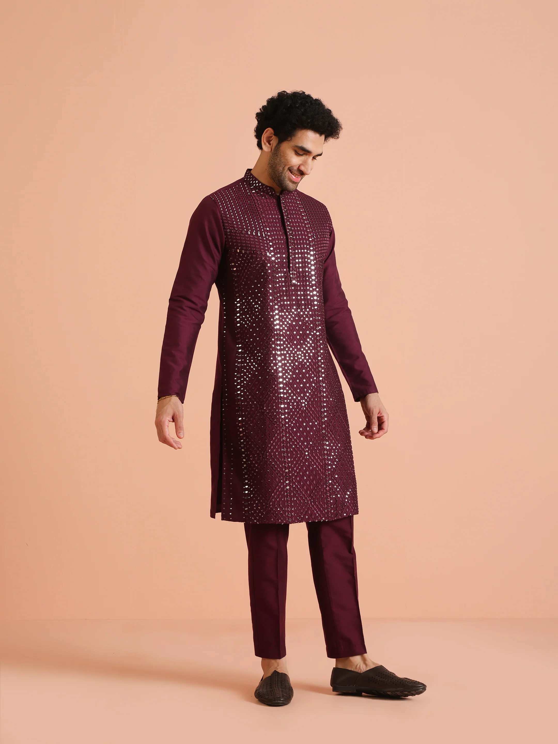 Wine Poly Silk Embellished Kurta Trouser Set - Image 2