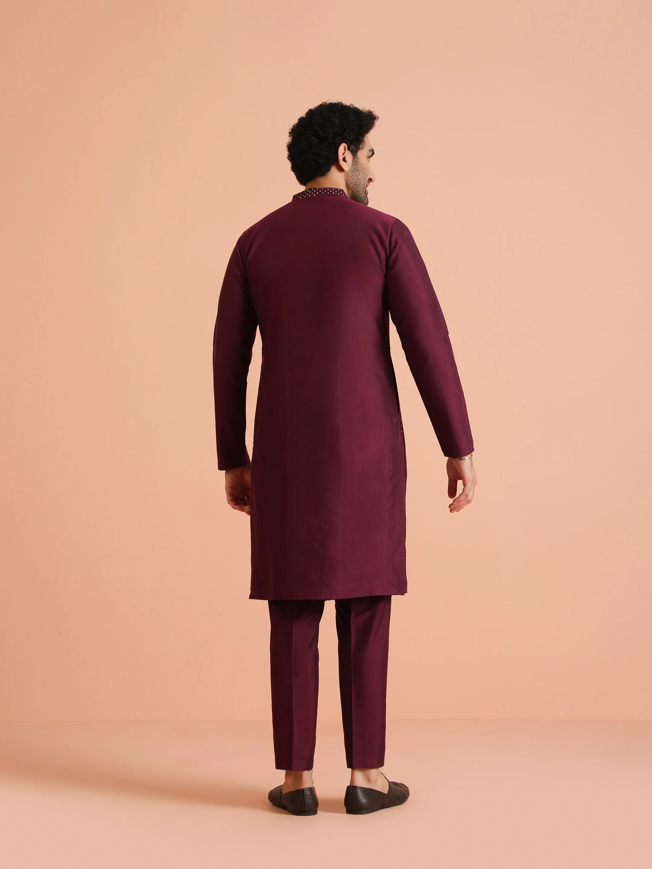 Wine Poly Silk Embellished Kurta Trouser Set - Image 4