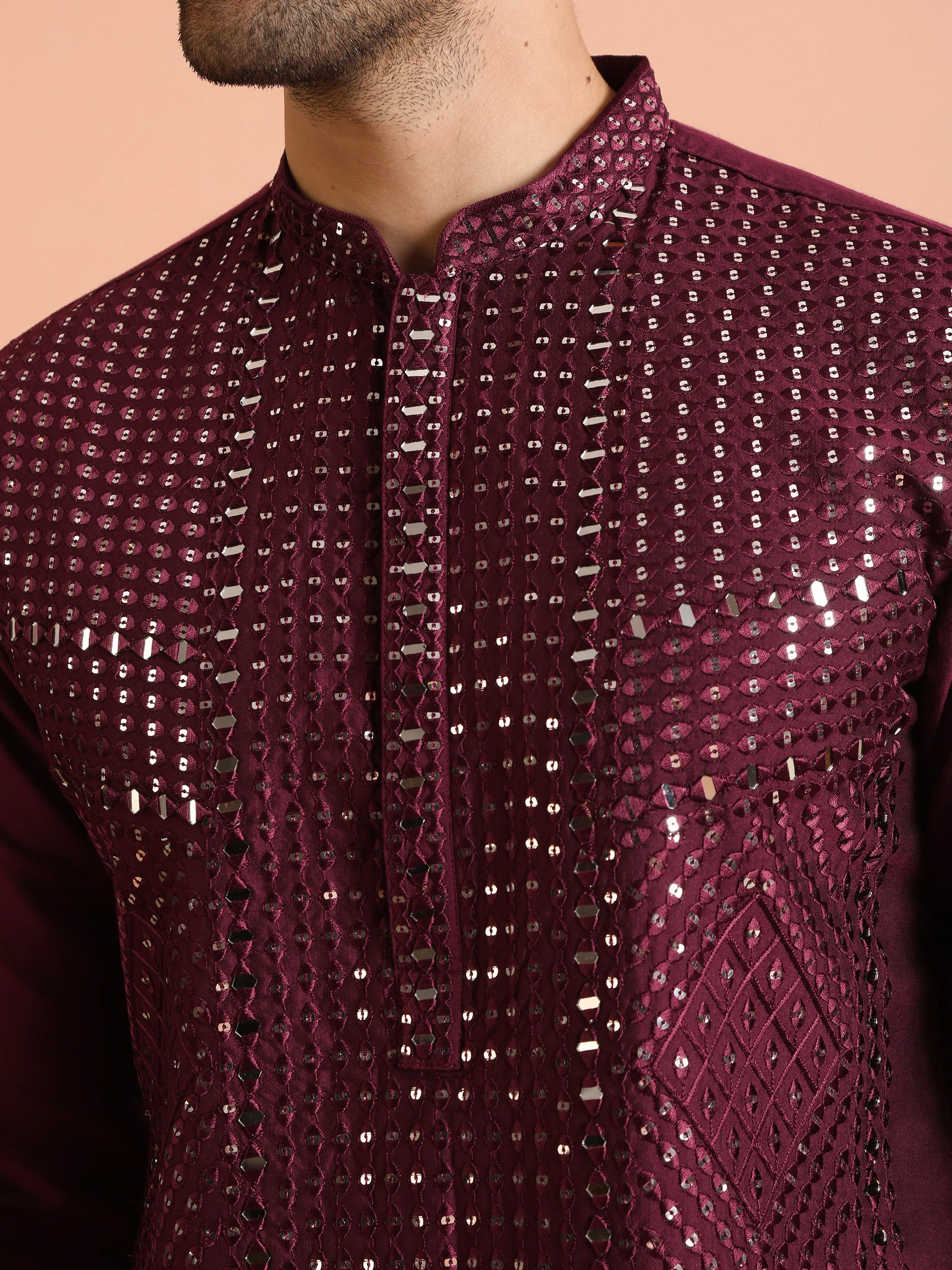 Wine Poly Silk Embellished Kurta Trouser Set - Image 5