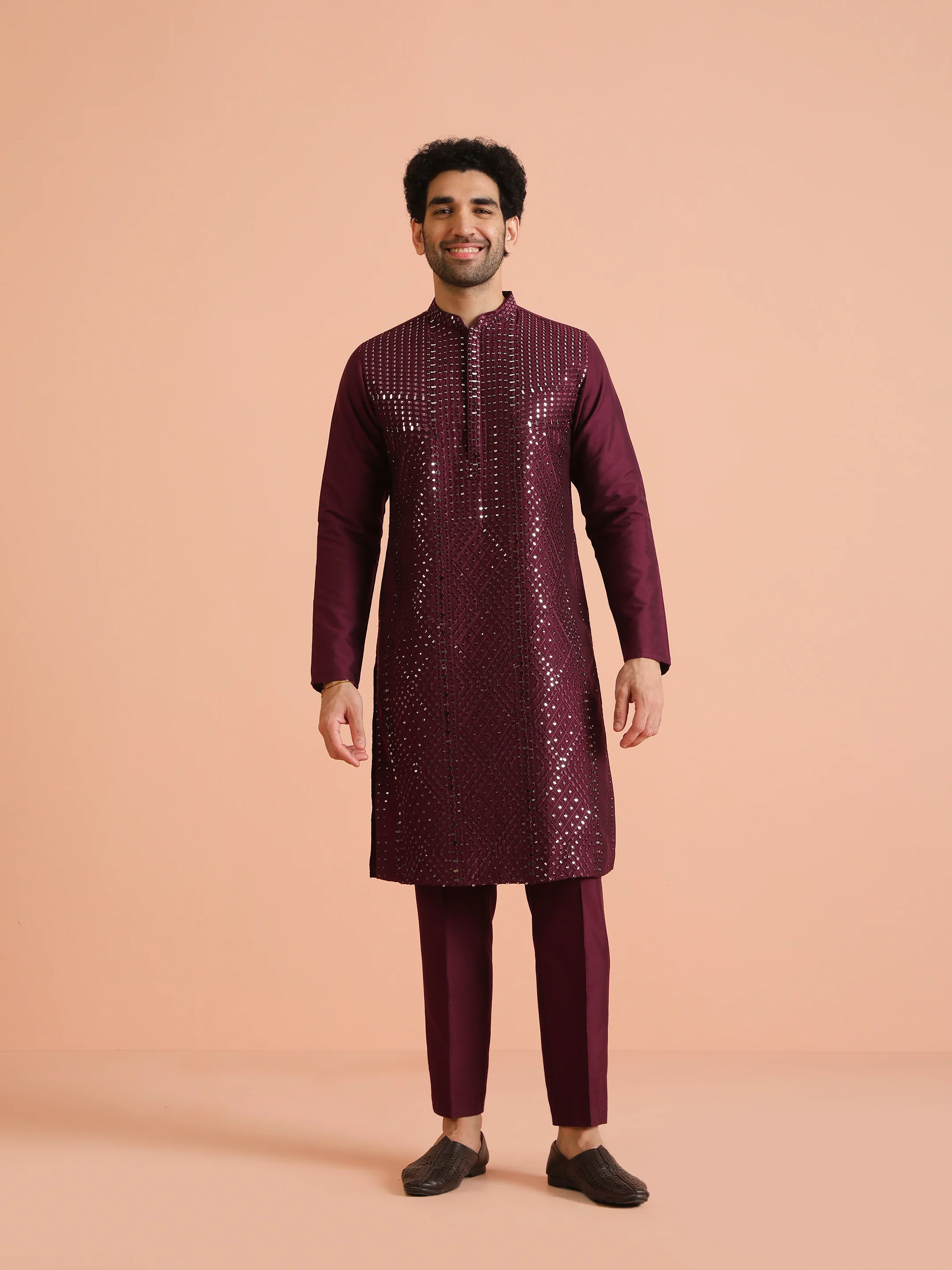 Wine Poly Silk Embellished Kurta Trouser Set - Image 7