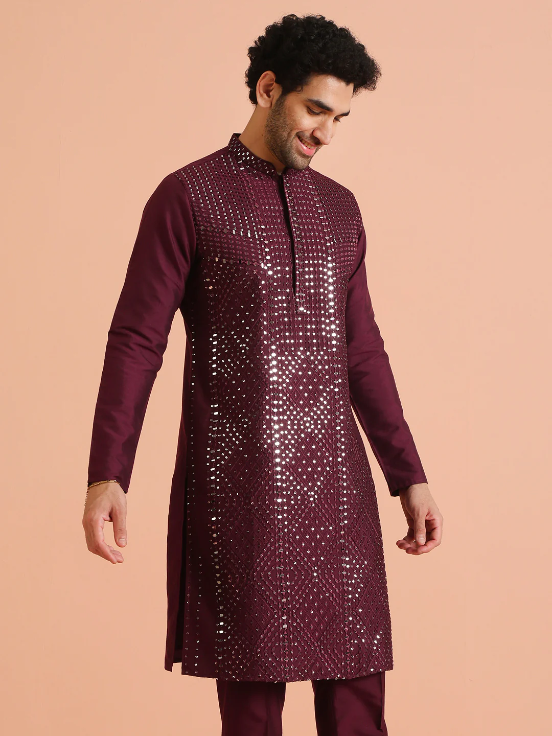Wine Poly Silk Embellished Kurta Trouser Set - Image 9