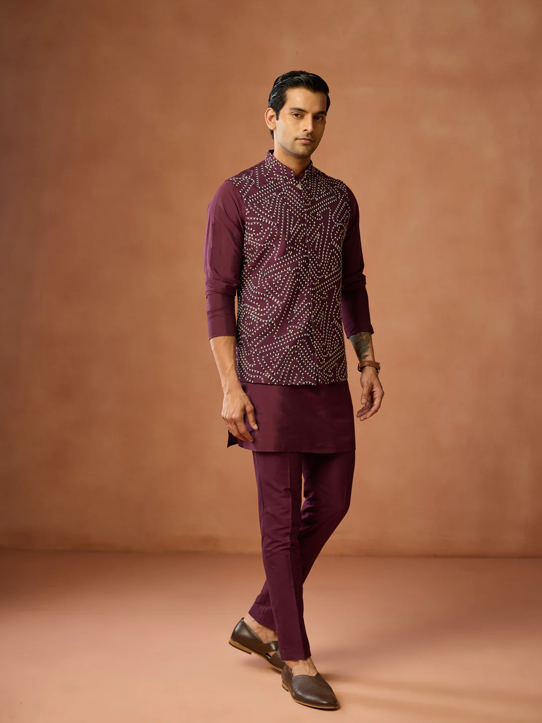 Wine Silk Blend Embroidered Nehru Jacket - Image 2