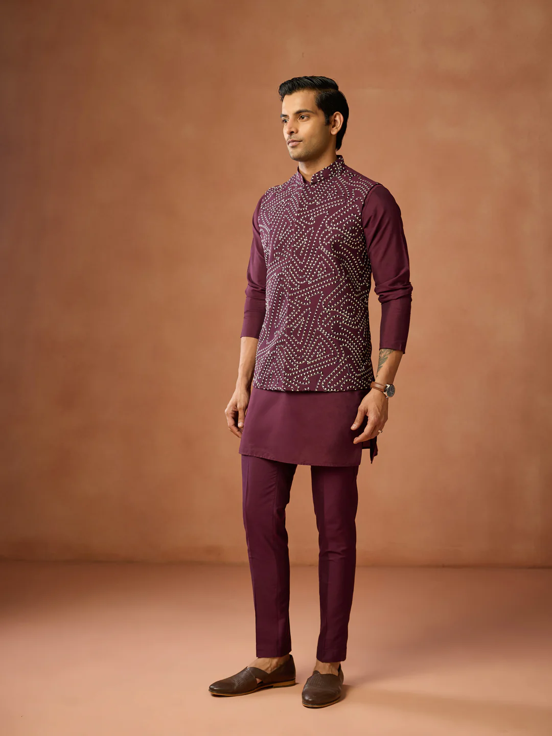 Wine Silk Blend Embroidered Nehru Jacket - Image 3