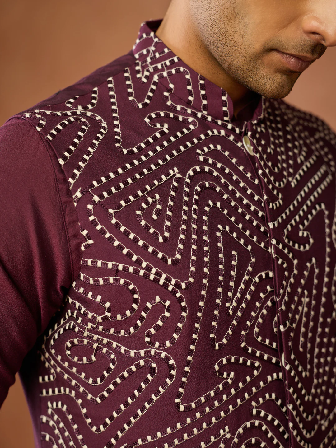 Wine Silk Blend Embroidered Nehru Jacket - Image 5
