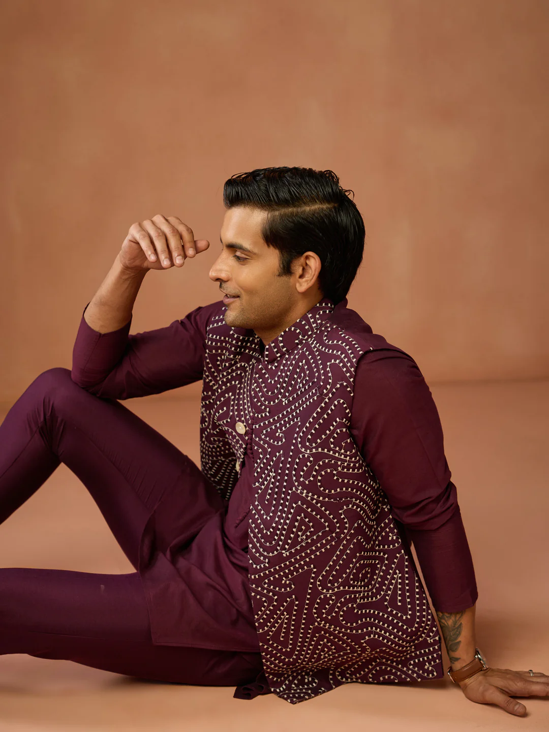 Wine Silk Blend Embroidered Nehru Jacket - Image 6