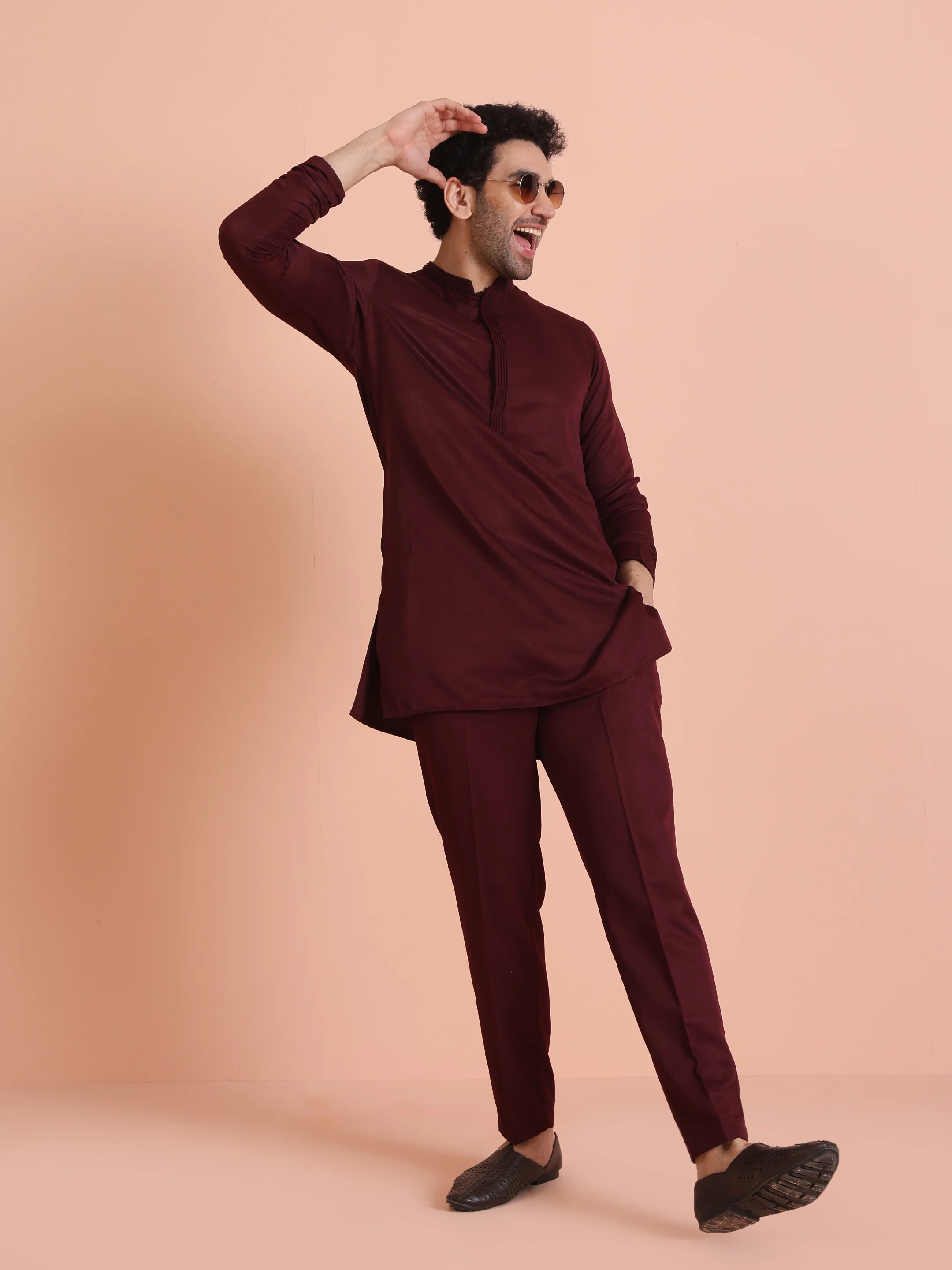 Wine Poly Silk Solid Mid Kurta - Image 7