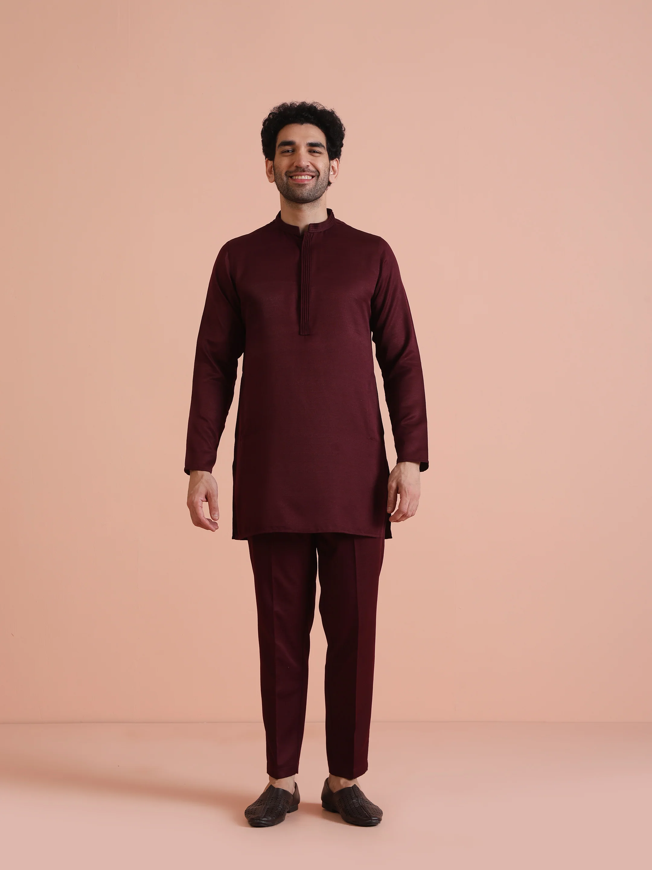 Wine Poly Silk Solid Mid Kurta Trouser Set - Image 7