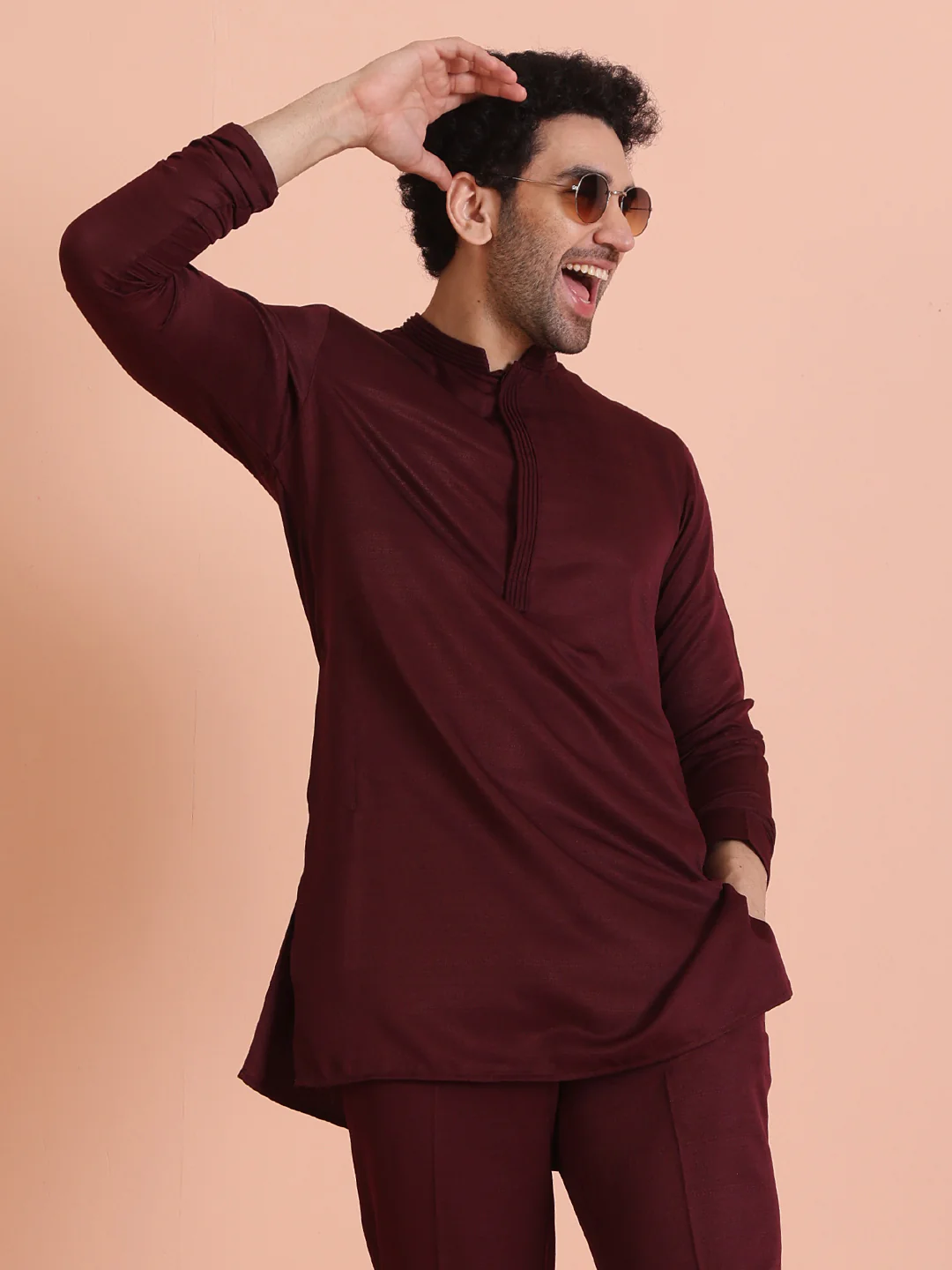 Wine Poly Silk Solid Mid Kurta Trouser Set - Image 9
