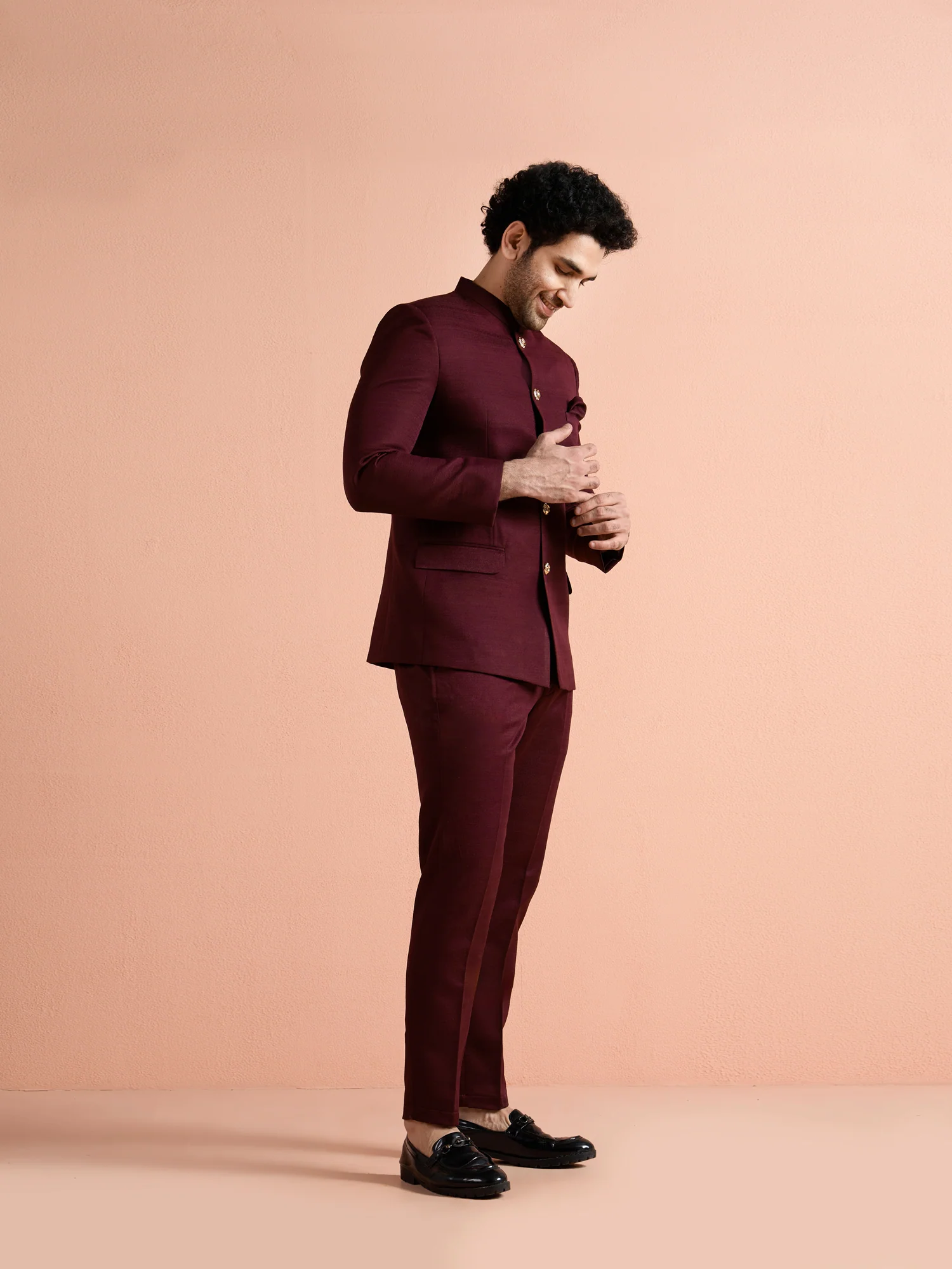 Wine Poly Viscose Solid Bandhgala Trouser Set - Image 2
