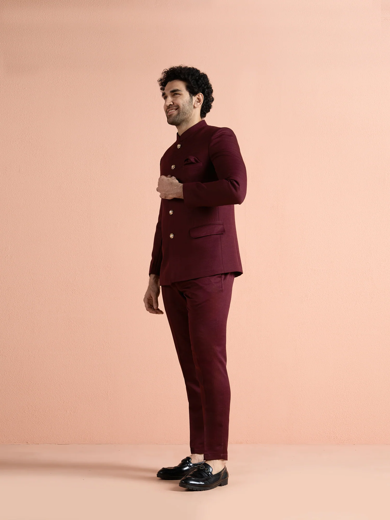 Wine Poly Viscose Solid Bandhgala Trouser Set - Image 3