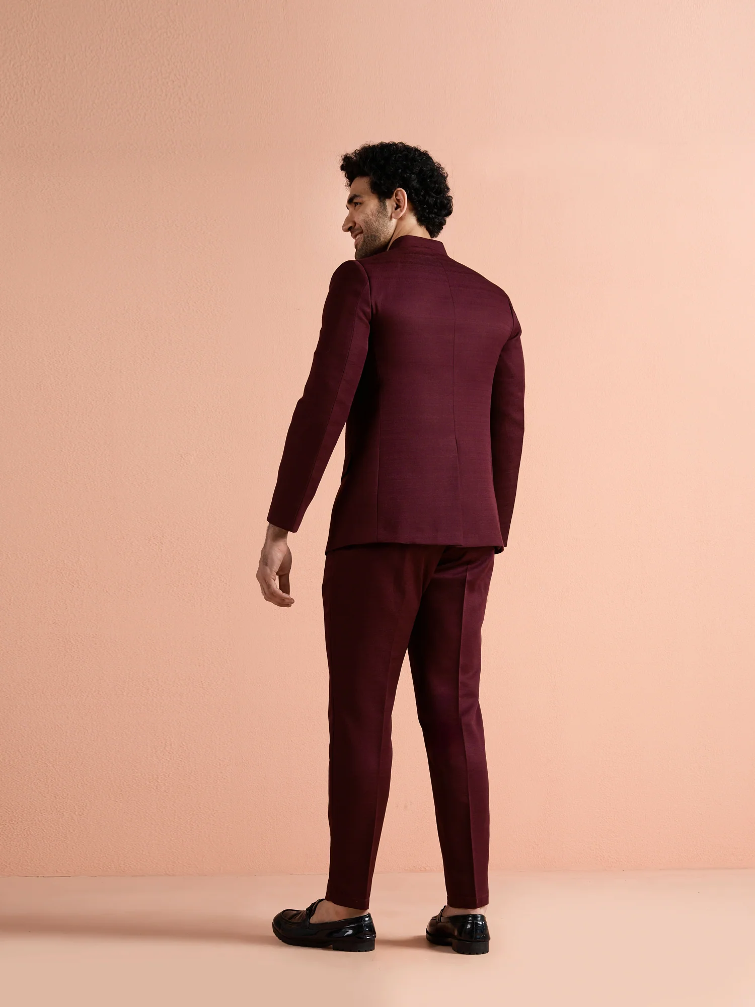 Wine Poly Viscose Solid Bandhgala Trouser Set - Image 4