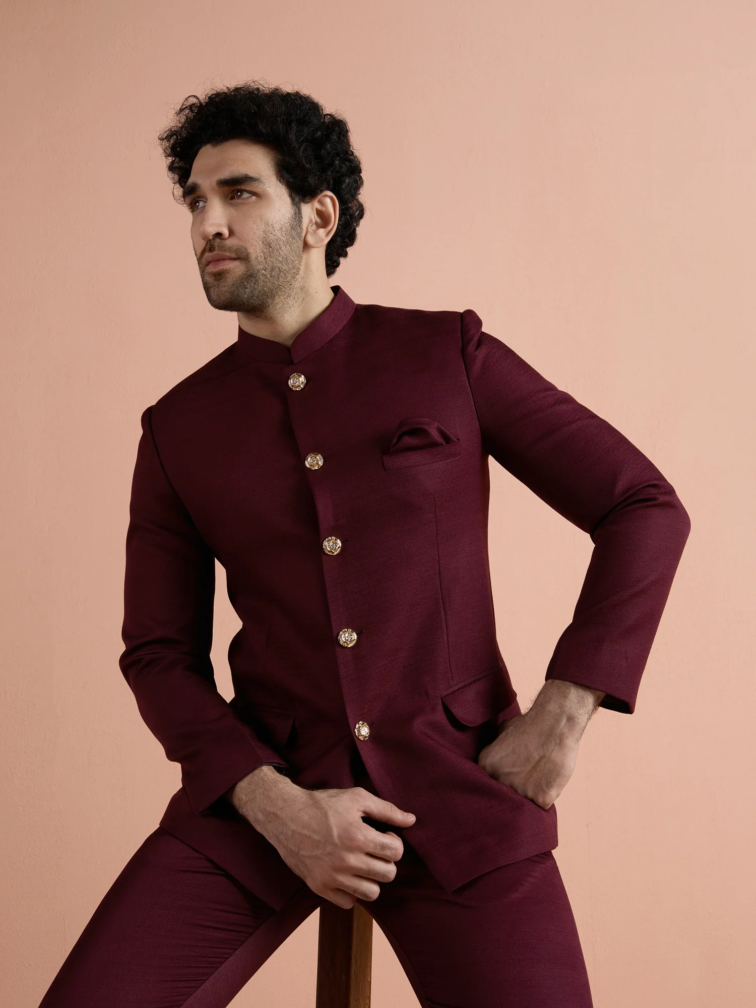 Wine Poly Viscose Solid Bandhgala Trouser Set - Image 7