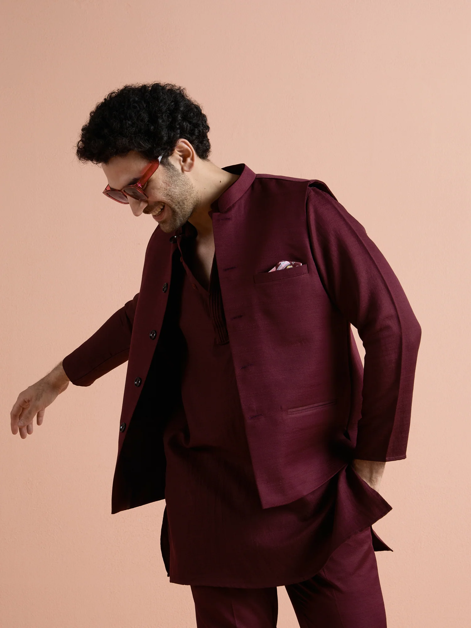 Wine Poly Viscose Solid Mid Kurta Jacket Trouser Set - Image 8