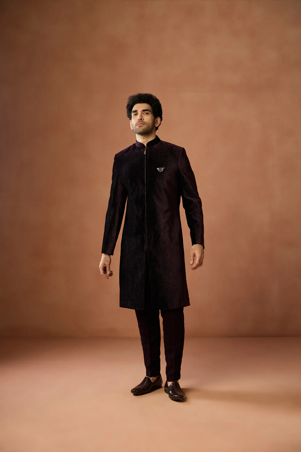 Wine Velvet Zipper Sherwani Trouser Set - Image 3