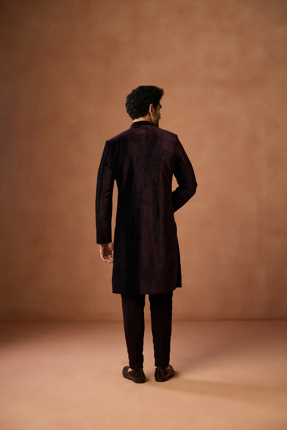 Wine Velvet Zipper Sherwani Trouser Set - Image 4