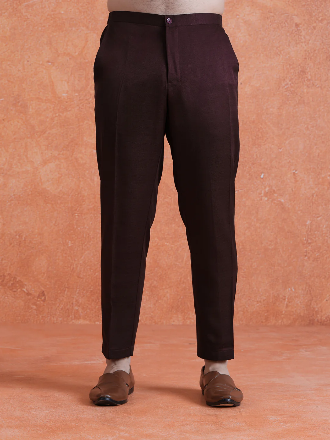 Wine Polyviscose Solid Sherwani Trouser Set - Image 6