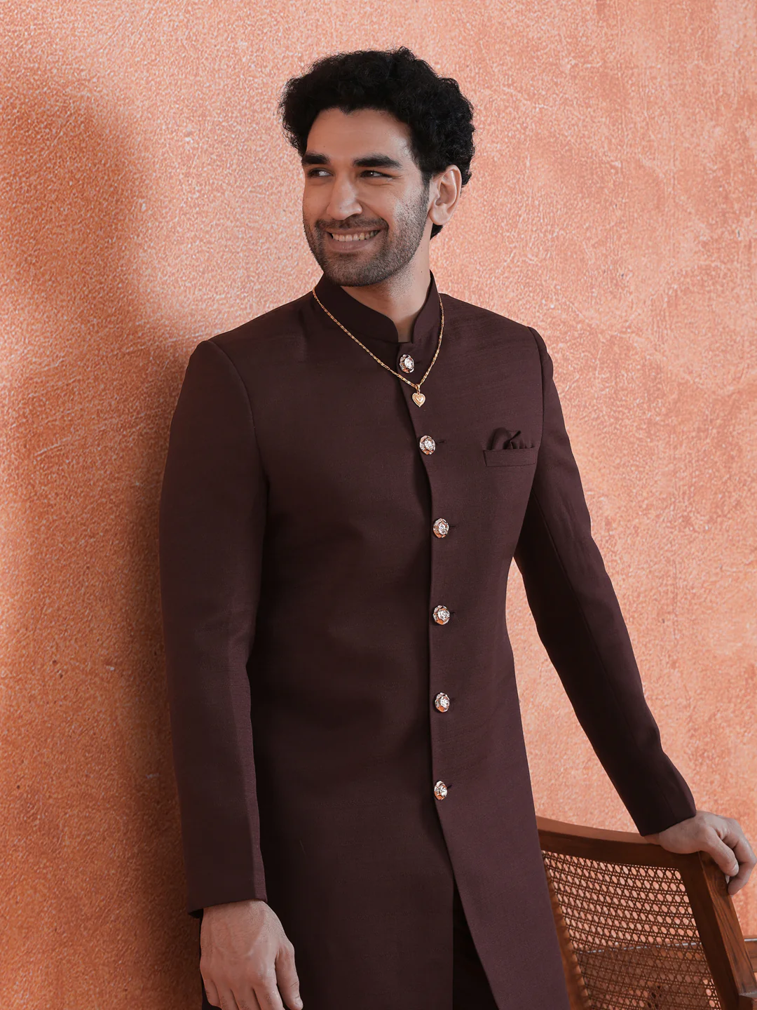 Wine Polyviscose Solid Sherwani Trouser Set - Image 9