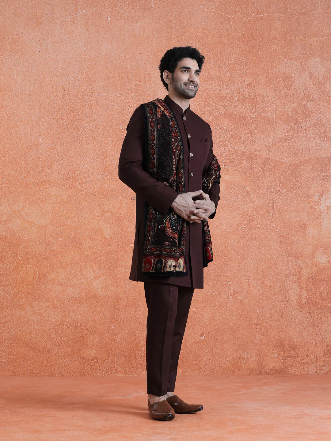 Wine Polyviscose Solid Sherwani Trouser Set With Velvet Dupatta - Image 3