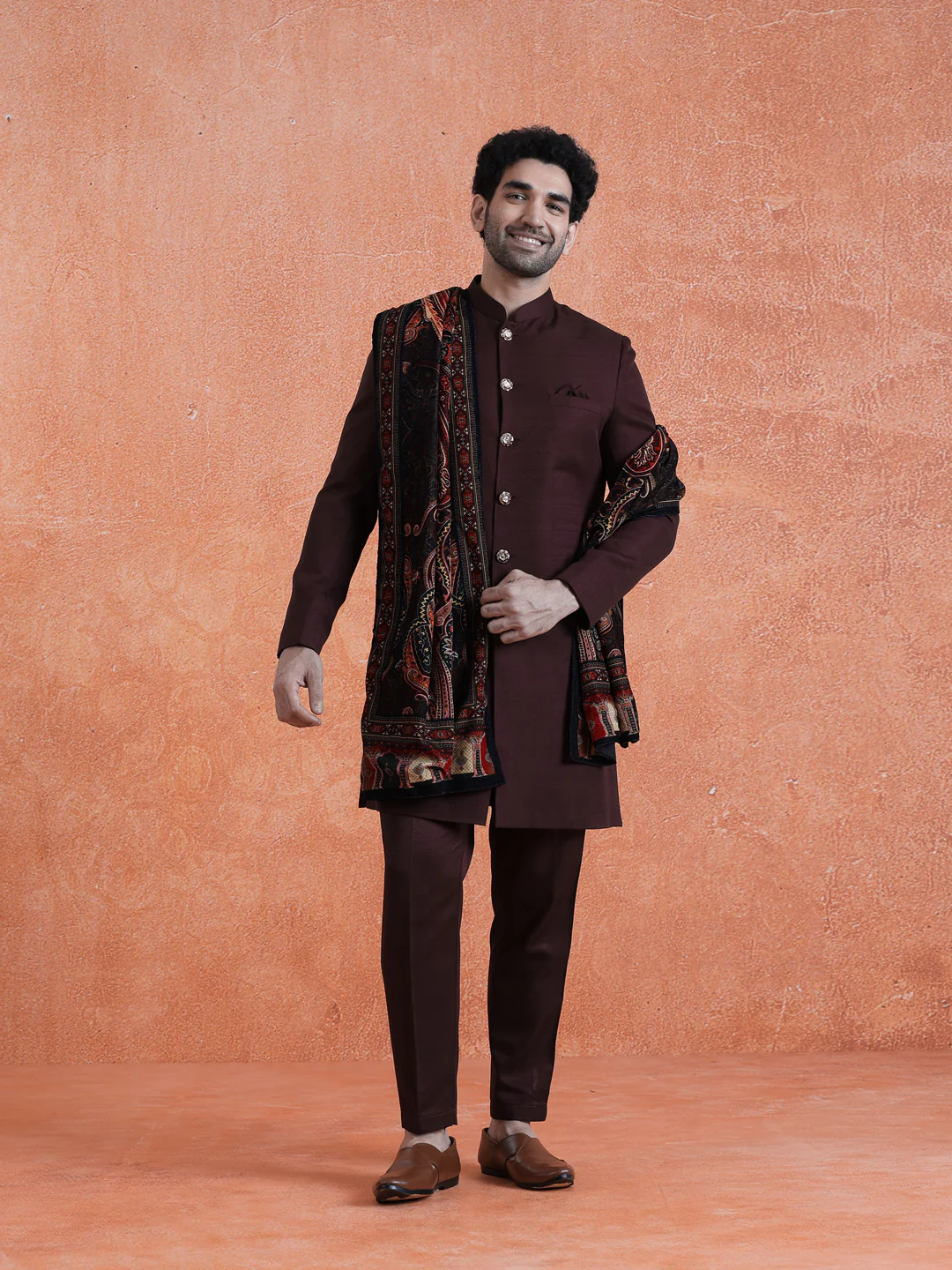 Wine Polyviscose Solid Sherwani Trouser Set With Velvet Dupatta - Image 7