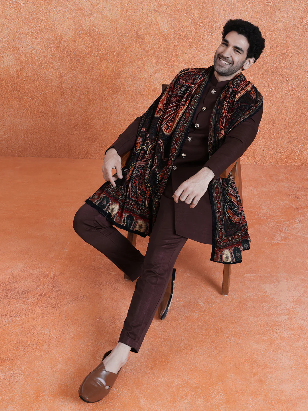 Wine Polyviscose Solid Sherwani Trouser Set With Velvet Dupatta - Image 8
