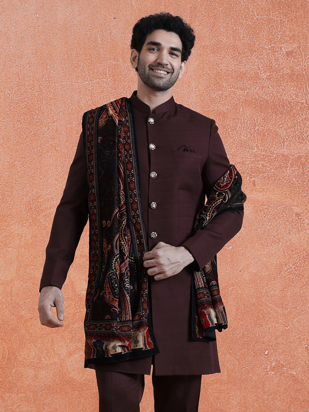 Wine Polyviscose Solid Sherwani Trouser Set With Velvet Dupatta - Image 9