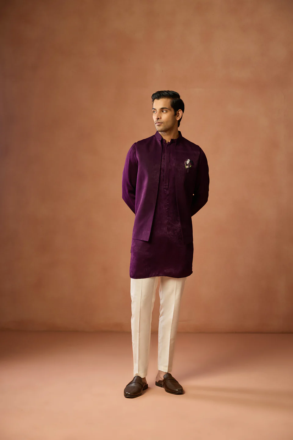 Wine Purple Jacket Kurta Trouser Set - Image 3