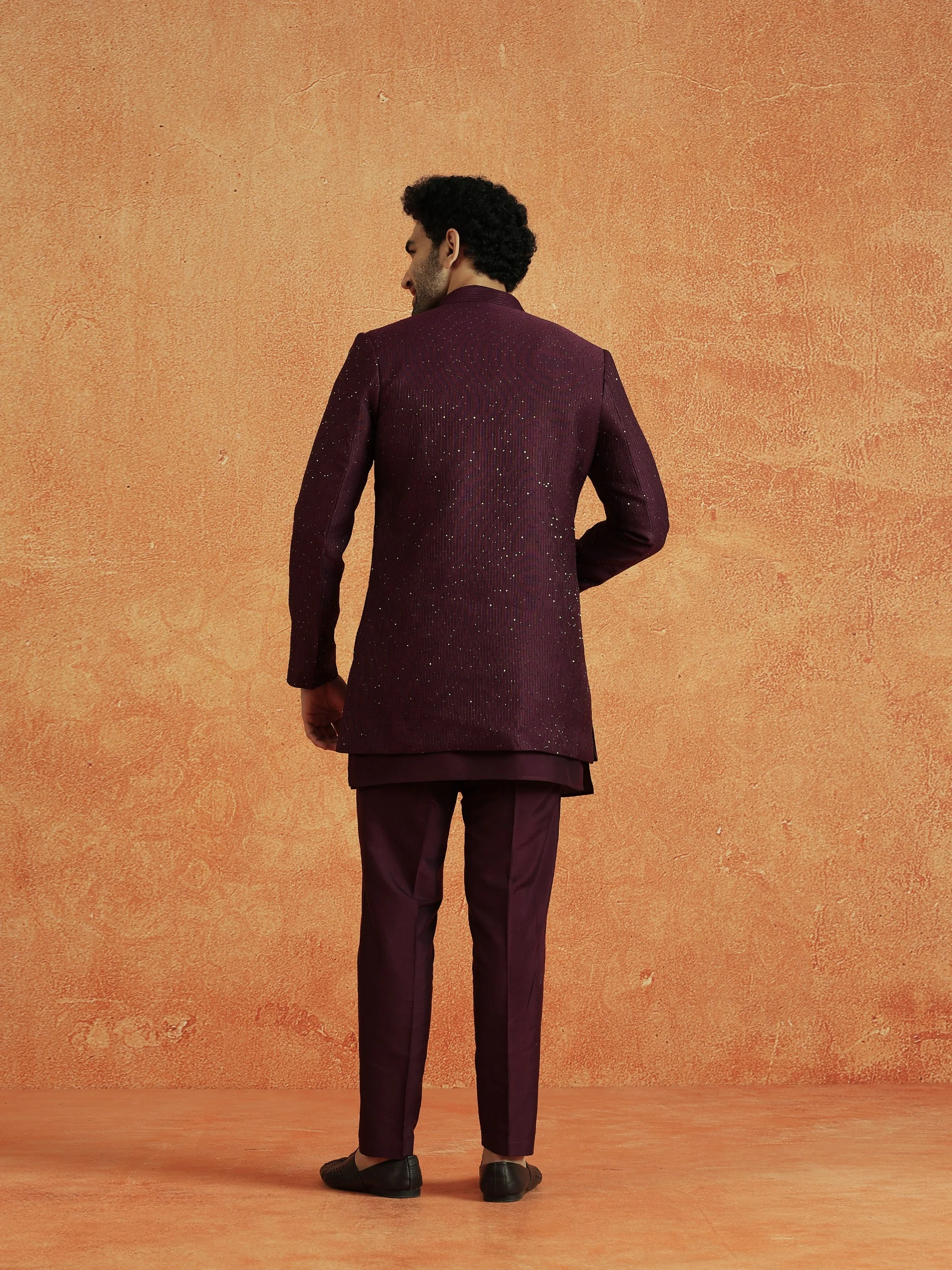 Wine Silk Blend Jacquard Mid Kurta Front Open Sherwani Trouser Set - Image 4