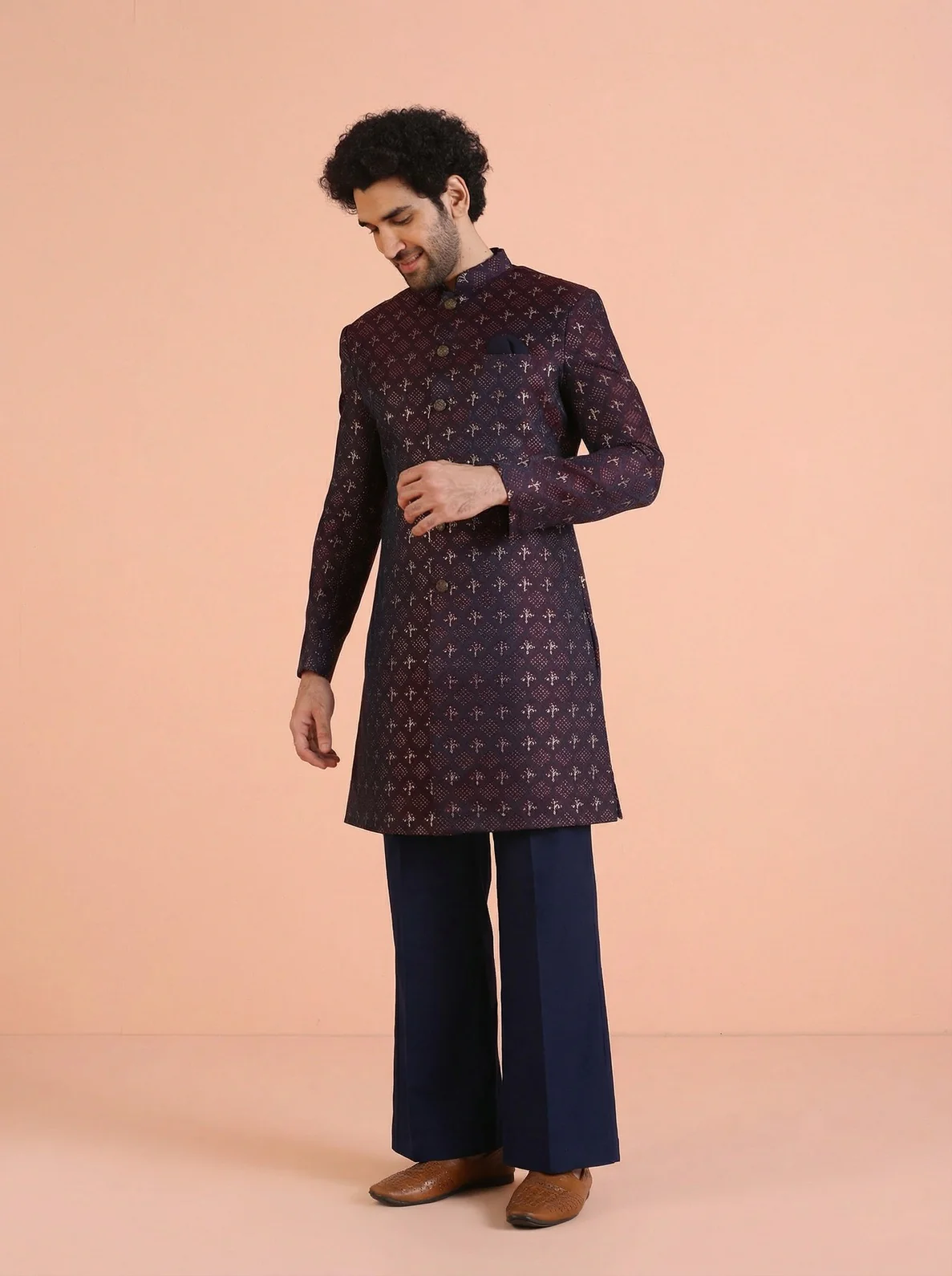 Wine Silk Blend Jacquard Sherwani Wide Leg Trouser Set - Image 6