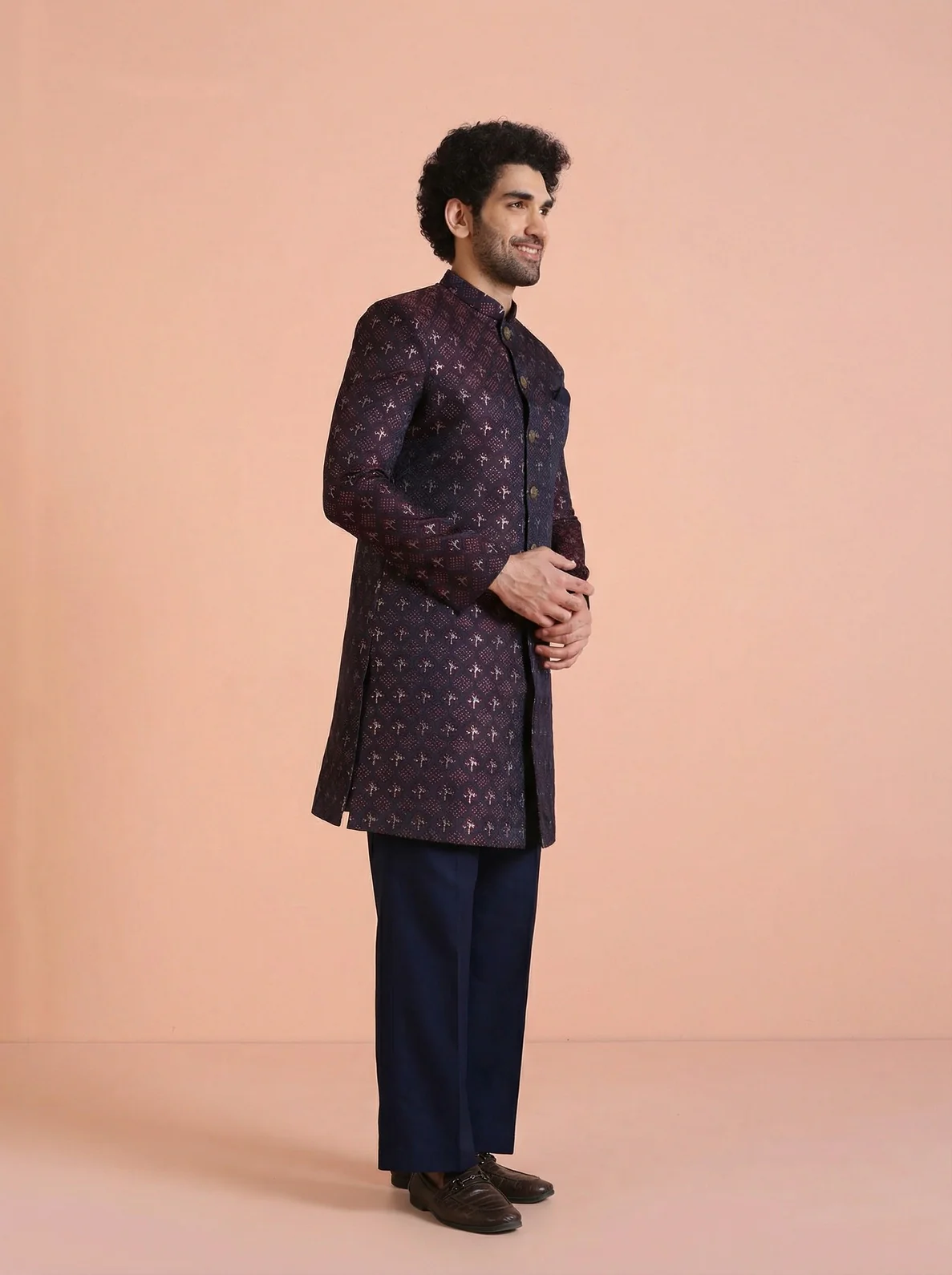 Wine Silk Blend Jacquard Sherwani Wide Leg Trouser Set - Image 7
