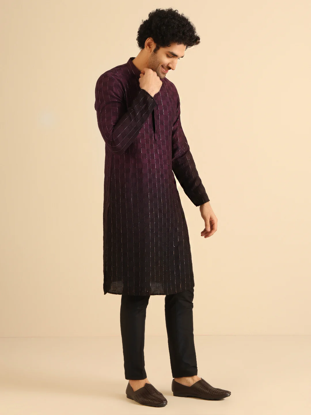 Wine Silk Blend Ombre Kurta - Image 2