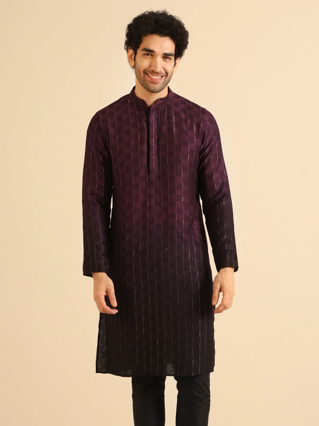 Wine Silk Blend Ombre Kurta - Image 7
