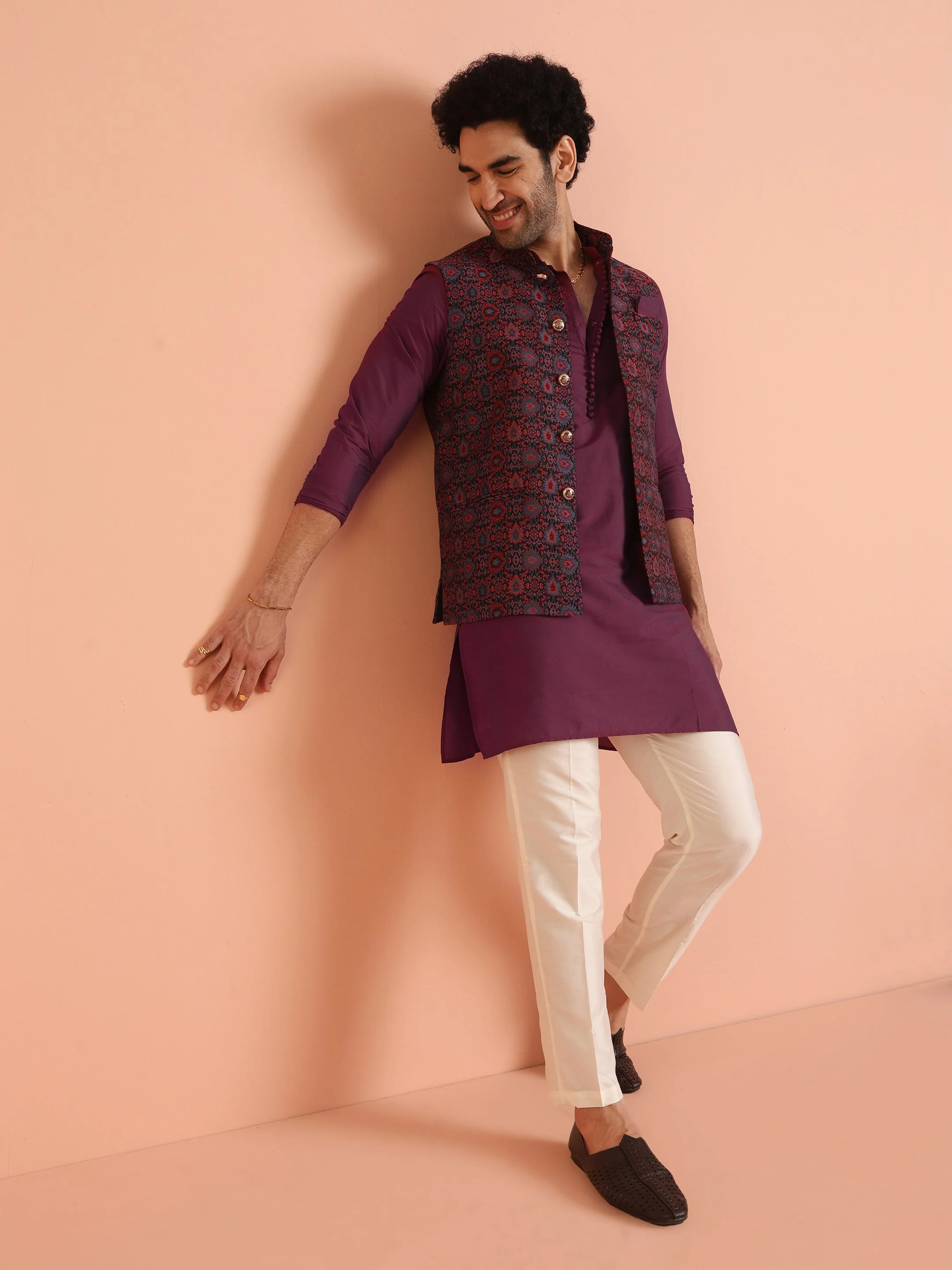Wine Silk Blend Printed Jacket Kurta Trouser Set - Image 2