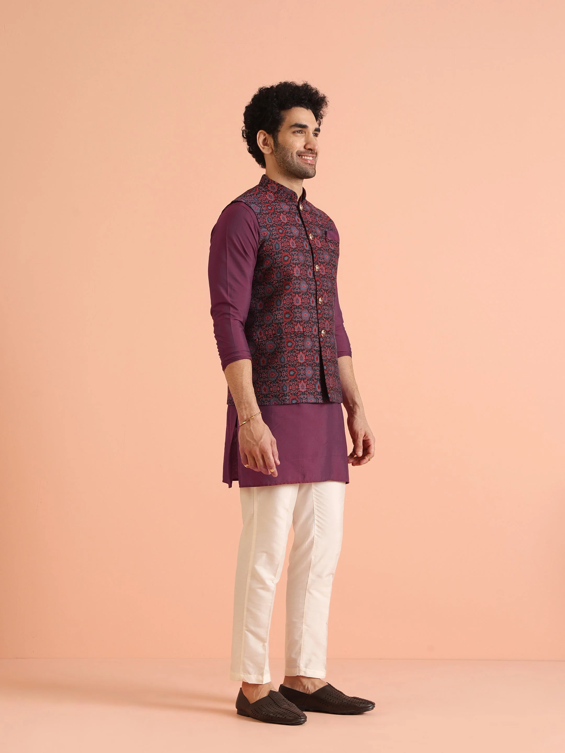 Wine Silk Blend Printed Jacket Kurta Trouser Set - Image 5