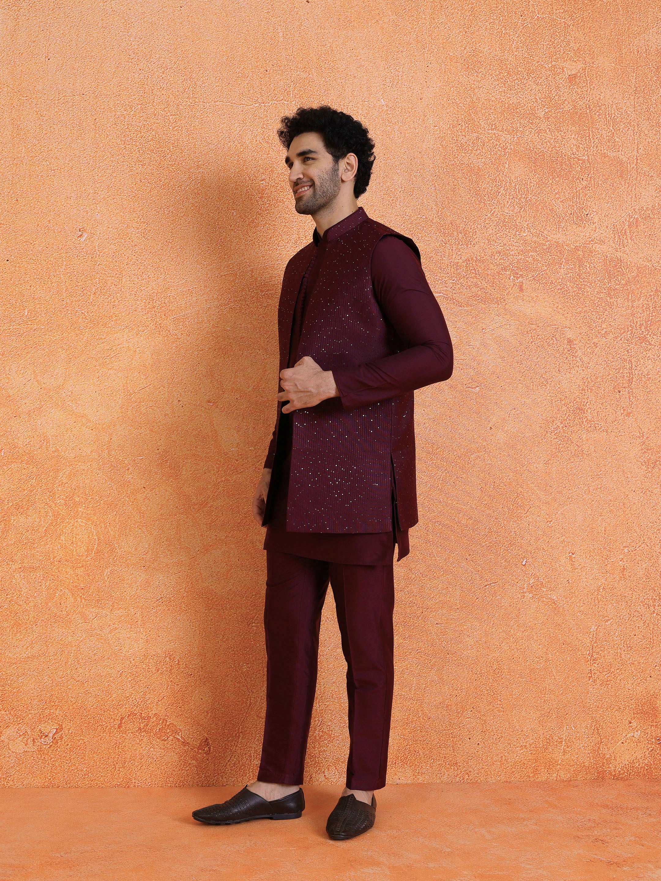 Wine Silk Blend Sequin Mid Kurta Front Open Long Jacket Trouser Set - Image 2