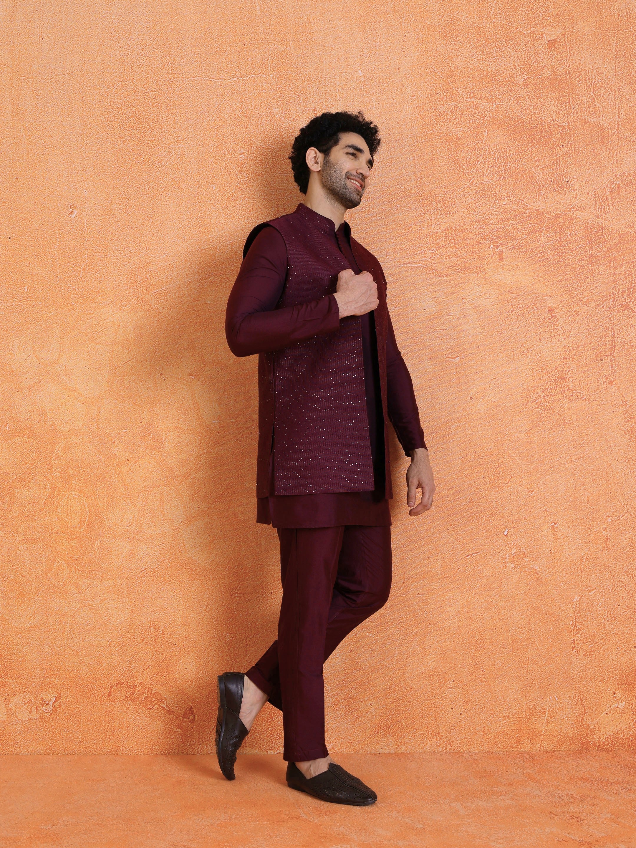 Wine Silk Blend Sequin Mid Kurta Front Open Long Jacket Trouser Set - Image 3