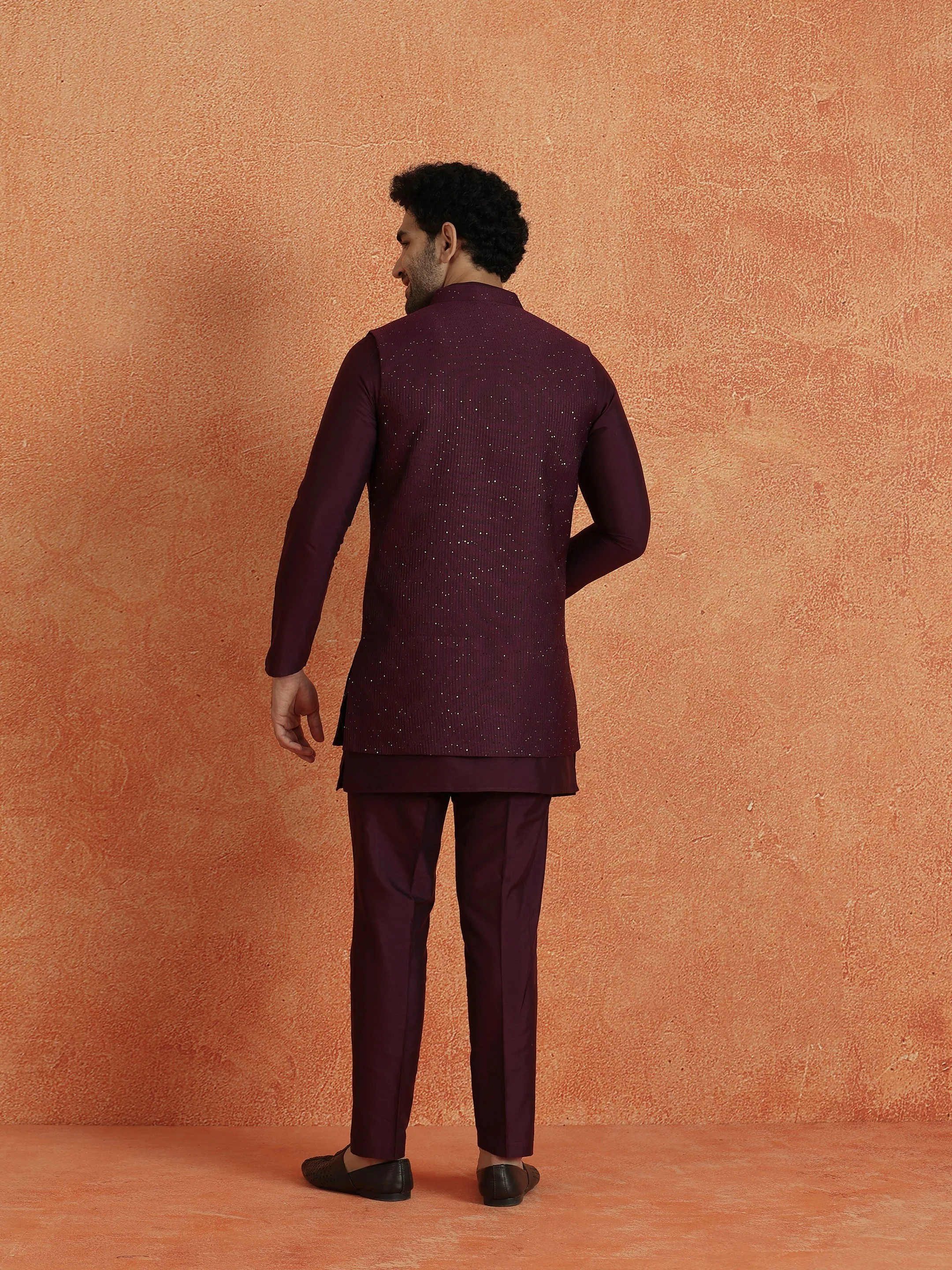 Wine Silk Blend Sequin Mid Kurta Front Open Long Jacket Trouser Set - Image 4